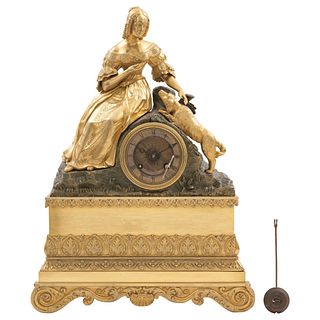 CHIMNEY CLOCK, FRANCE, LATE 19TH CENTURY Cast in bronze Decorated with lady with dog 16.5 x 11.8 x 4.7" (42 x 30 x 12 cm)