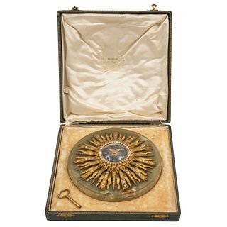 CLOCK FRANCE, EARLY 20TH CENTURY, La Esmeralda, Made of gold metal with simulants and onyx base, with case 7.8" (20 cm)