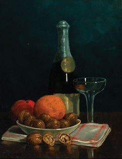 Percy Sanborn, Am. b. 1849-1929, Still Life of Fruit, Nuts, Champagne, and Glass, Oil on canvas, framed