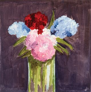 Robert Kulicke, Am. 1924-2007, Vase with Pink, Red, and Blue Flowers, Watercolor, matted and framed under glass