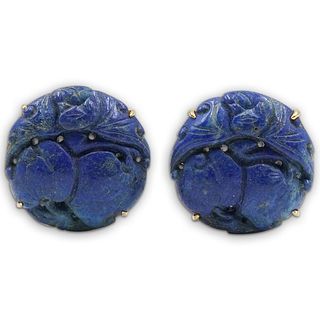 14k Gold and Carved Lapis Earrings