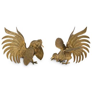 Pair Of Antiques French Brass Fighting Roosters