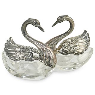 (2 Pc) Silver & Crystal "Swans" Salt/Pepper Cellars