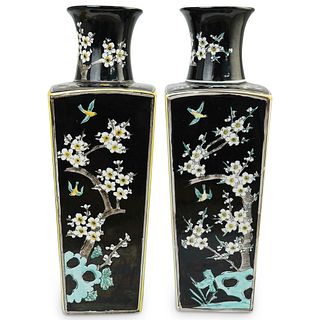 (2 Pc) Chinese Famille Noire Porcelain Square Vases