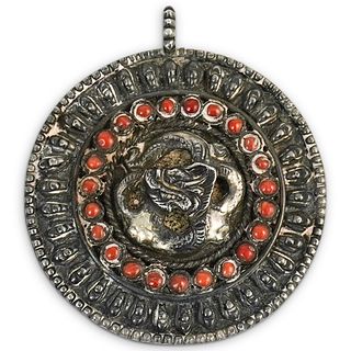 Antique Tibetan Silver and Red Coral Dragon Pendant