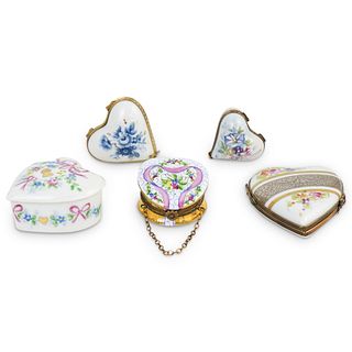 (5 Pc) Limoges Porcelain Heart Shaped Trinket Boxes