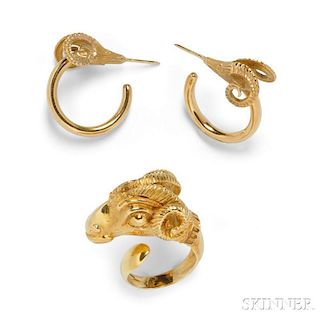 18kt Gold Ram's Head Ring and Earrings