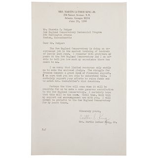 KING, Coretta Scott (1927-2006). Typed letter signed ("Coretta S. King") to Sherwin C. Badger. Atlanta, 30 June 1966.1 page, 12mo, on Mrs. Martin Luth
