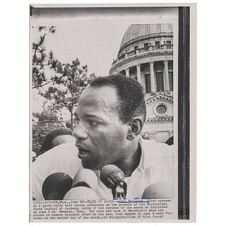 [MEREDITH, James H. (b. 1933)]. Press photograph of Meredith following shooting at his March Against Fear. Jackson, MS, 26 June [1966]. 