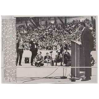 [CARMICHAEL, Stokely (1941-1998)]. Press photograph of Carmichael addressing crowd after stepping down as chairman of SNCC. Minneapolis, MN, 16 May [1