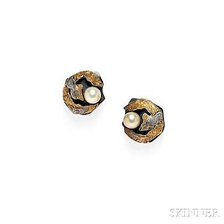 Sterling Silver, 18kt Gold, and Cultured Pearl Earclips, Janiye