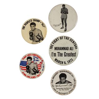 [ALI, Muhammad (born Cassius Marcellus Clay, Jr., 1942-2016)]. Lot of 5 pinback buttons featuring Muhammad Ali, comprising: 