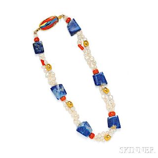 24kt and 18kt Gold, Sodalite, Coral, Freshwater Pearl, and Enamel Necklace, Janiye