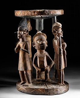 20th C. Nigerian Yoruba Wood Stool w/ 5 Figures
