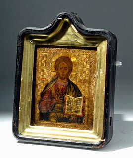 19th C. Russian Icon in Kiot - Christ Pantocrator