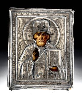 Antique Russian Icon w/ Silver Oklad - St. Nicholas