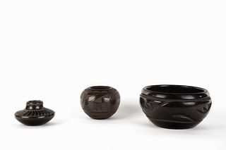 A Group of Three Santa Clara and San Ildefonso Blackware Pots
