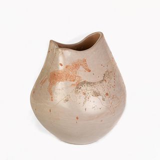 San Ildefonso, Russell Sanchez, Pot with Incised Horse Designs, 1989