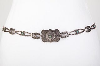A Fred Harvey Sterling Silver and Turquoise Concho Belt