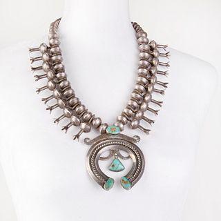 A Navajo Silver and Turquoise Squash Blossom Necklace, ca. 1930-1940