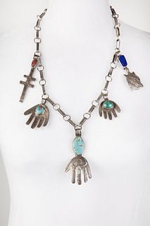 A Leo Coriz Tufa Cast Silver, Turquoise, Coral, and Lapis Lazuli Pendant Necklace