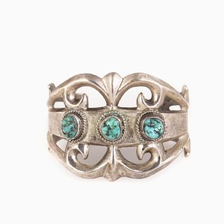 A Navajo Three Stone Turquoise and Silver Cuff Bracelet, ca. 1950-1970