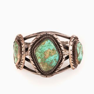 A Navajo Three Stone Turquoise and Silver Cuff Bracelet