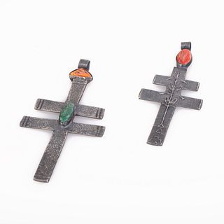 Two Leo Coriz Tufa Cast Silver Crosses with Stone and Shell Inlay