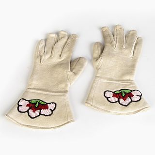 A Pair of Assiniboine Buckskin Beaded Gauntlet Gloves