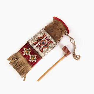 A Sioux Child's Beaded and Quilled Pipe Bag and Pipe, ca. 1920