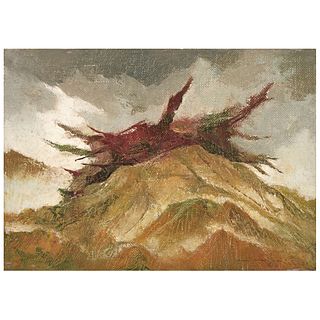 GUILLERMO MEZA, Paisaje con árbol caído, Signed, monogram and dated 93 front and back, Oil/canvas/wood, 7 x 9.8" (18 x 25 cm)
