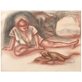 RAÚL ANGUIANO, Muchacha con iguana, Signed and dated 70, Sanguine and pastels on paper, 19.4 x 25.1" (49.5 x 64 cm), Document