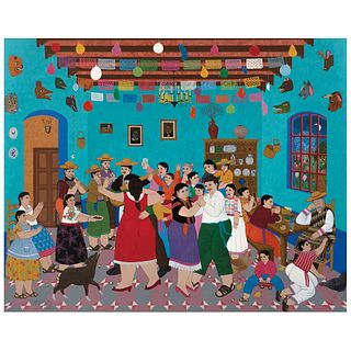 RAFAEL VALLEJO MUÑIZ, La fiesta, Signed and dated México D.F. 29-VI-1993, Acrylic on canvas, 47.2 x 59" (120 x 150 cm)