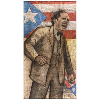 ARNOLD BELKIN, Pedro Albizu Campos, Signed and dated 87, Pastels and colored crayons on amate paper, 92.5 x 49.6" (235 x 126 cm)