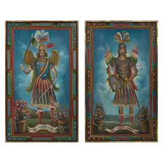 JAIME SALDÍVAR, San Rafael y San Miguel, Signed and dated 73 on one panel, Oil / canvas, diptych, 60.6 x 69.8" (154 x 177.5 cm), Pieces: 2
