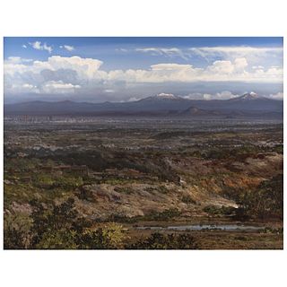 ENRIQUE SÁNCHEZ, Vista del Valle de México, Signed front and back, Oil on canvas, 59.4 x 78.7" (151 x 200 cm)
