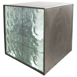FELICIANO BÉJAR, Caja magiscópica, Signed and dated 71, Sculpture in steel and cut glass, 12.2 x 11.8 x 11.8" (31 x 30 x 30 cm)