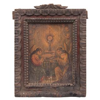 ANÓNIMO Adoración al Santísimo Cromo sobre soporte rígido Enmarcado 27 x 21 cm