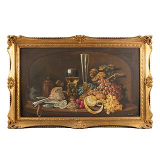 GUDÍN (?). Bodegón con vinagreras, vides y ostras. Firmado. Óleo sobre tela. Enmarcado. 69 x 118 cm
