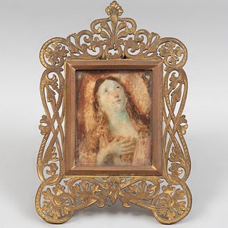 ANÓNIMO. Italia, siglo XIX. María Magdalena. Óleo sobre papel. Con marco de bronce, soldado y calado.