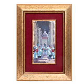 FIRMA SIN IDENTIFICAR Procesión mariana Firmado al frente Óleo sobre tabla Enmarcado 46 x 33 cm