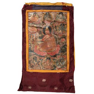 Thangka. India, siglo XX. Temple sobre tela sobre bordado ensedado. Decorado con deidades y motivos orgánicos y florales.