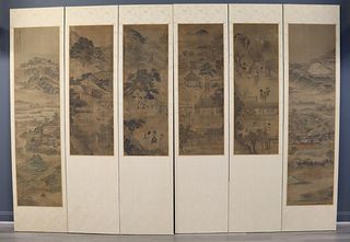 6 Panel Chinese Screen with Paintings on Silk.