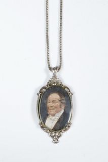 SILVER MOUNTED MINIATURE PORTRAIT ON CHAIN