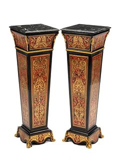 A Pair of Louis XIV Style Gilt Bronze Mounted Boulle Marquetry Marble-Top Pedestals