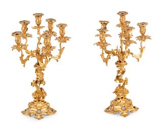 A Pair of Louis XV Style Gilt Bronze Six-Light Candelabra