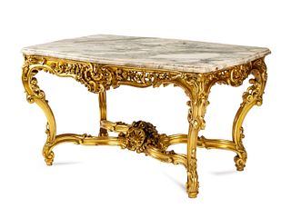 A Louis XV Style Giltwood Marble-Top Table
