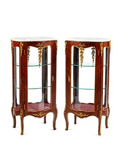 A Pair of Louis XV Style Gilt Bronze Mounted Marble-Top Vitrine Cabinets