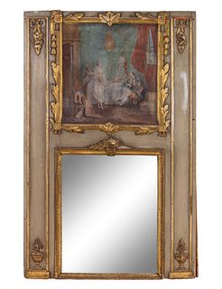 A Louis XVI Style Painted and Parcel Gilt Trumeau Mirror