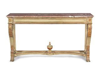A Louis XVI Style Painted and Parcel Gilt Marble-Top Console Table